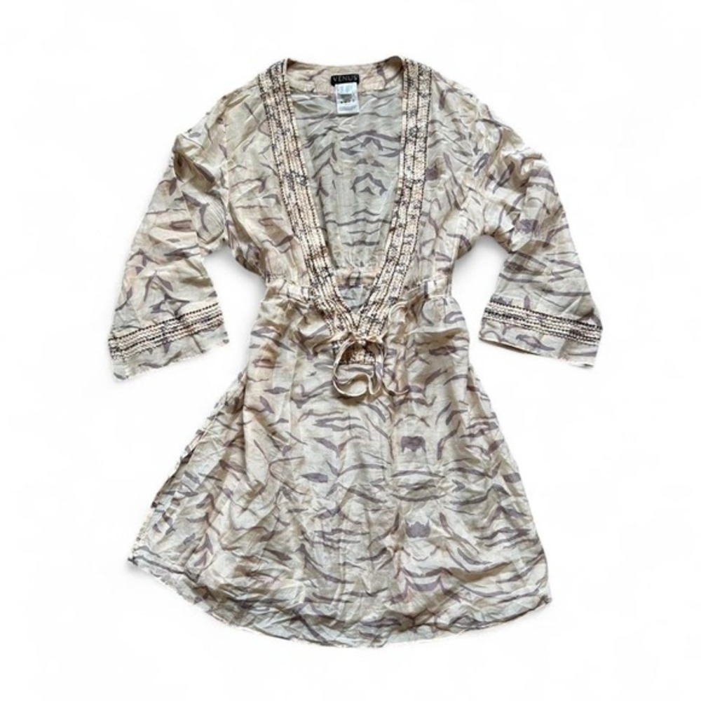 Silk beaded tiger animal print longsleeve sheer deep V boho dress coverup S